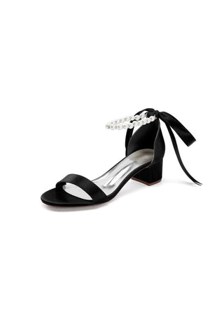 Block - Heel Sandal Adorned with Pearl Ankle Band and Ribbon Bow - KissProm