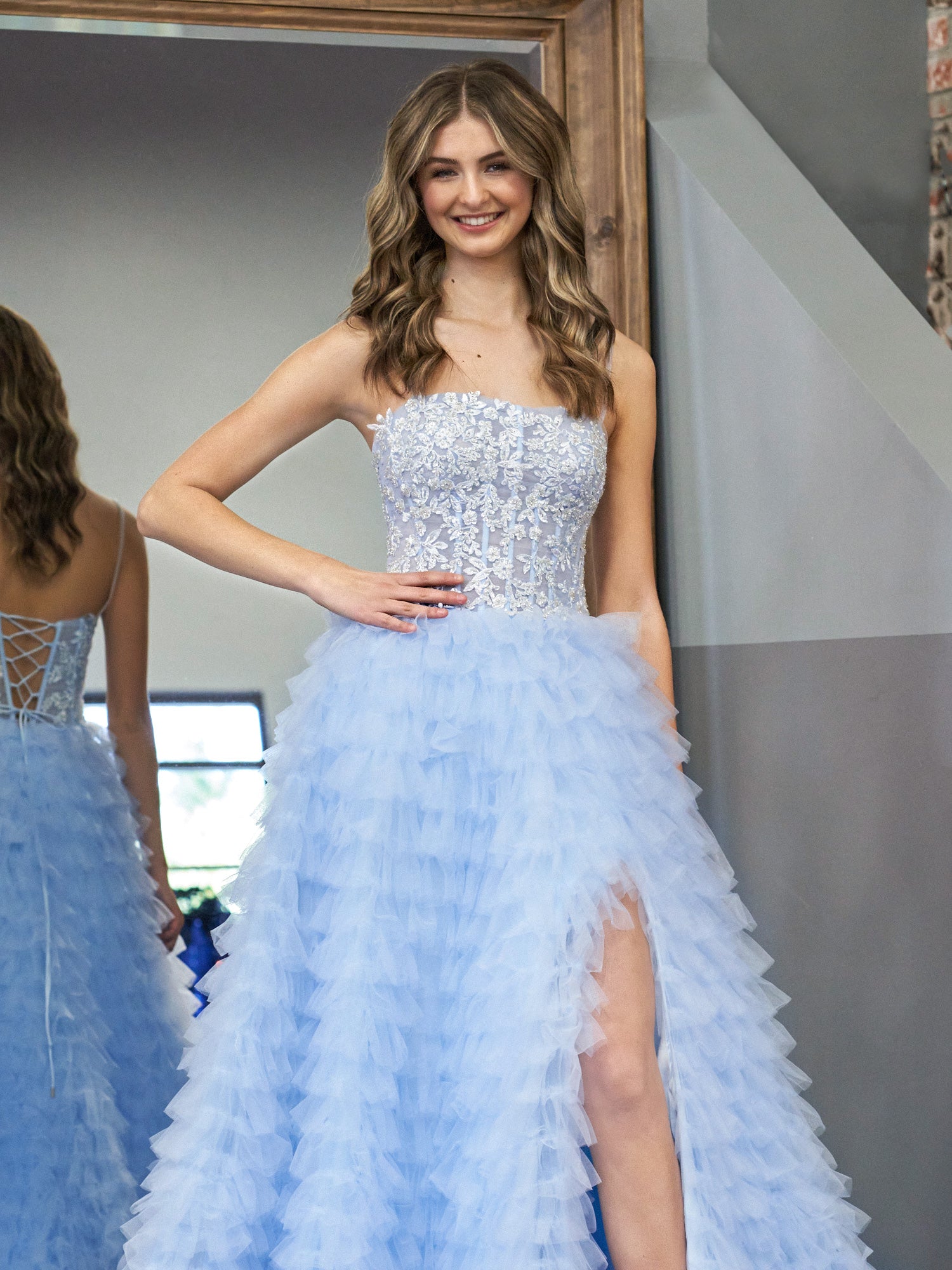 Jordan | Sky Blue A-Line Tiered Sequins Tulle Long Prom Dress