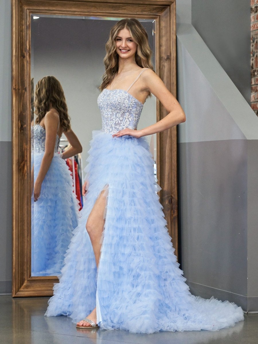 Jordan Black A-Line Tiered Sequins Tulle Long Prom Dress Sky Blue / 16