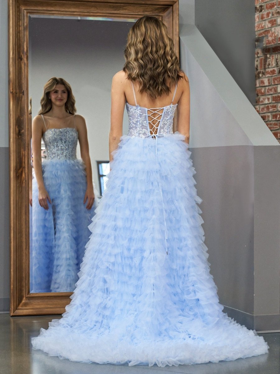 Jordan Black A-Line Tiered Sequins Tulle Long Prom Dress Sky Blue / 16