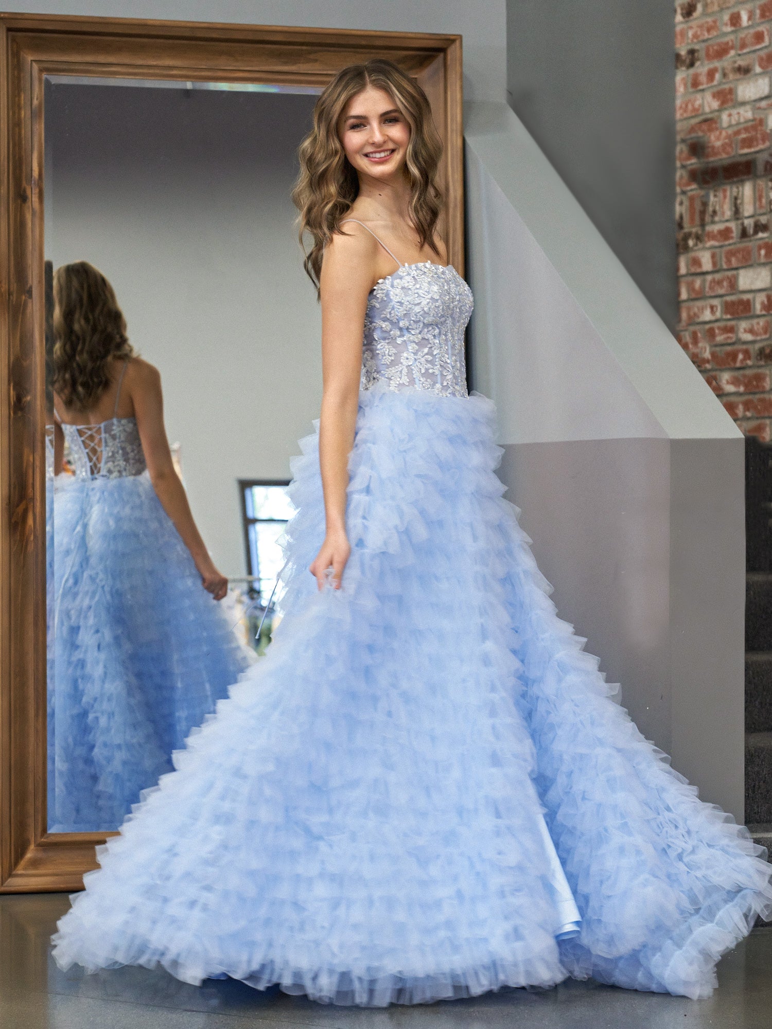Jordan | Sky Blue A-Line Tiered Sequins Tulle Long Prom Dress