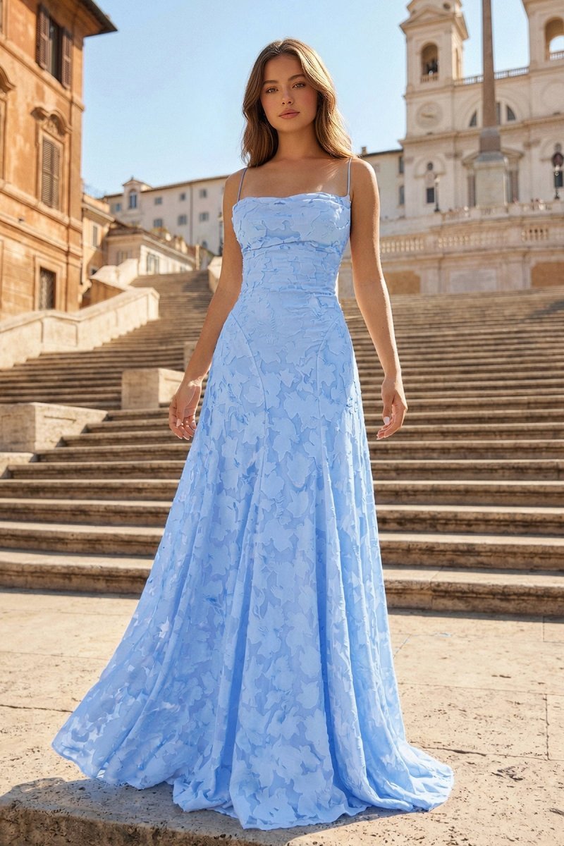 KissProm Pink A-Line Lace Floral Spaghetti Straps Long Prom Dresses, Blue / 4