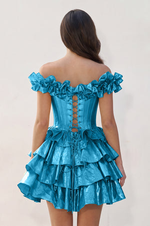 Blue A-Line Off-the-Shoulder Corset Ruffle Tiered Homecoming Dress (2) | KISSPROM
