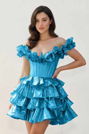 Blue A-Line Off-the-Shoulder Corset Ruffle Tiered Homecoming Dress | KISSPROM