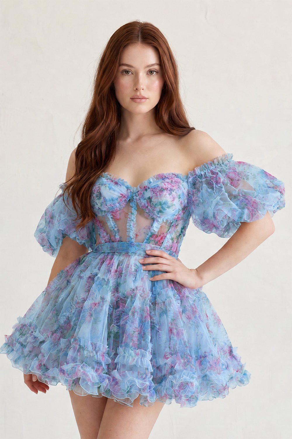 Ivana |A Line Off the Shoulder Floral Printed Homecoming Dress - KissProm