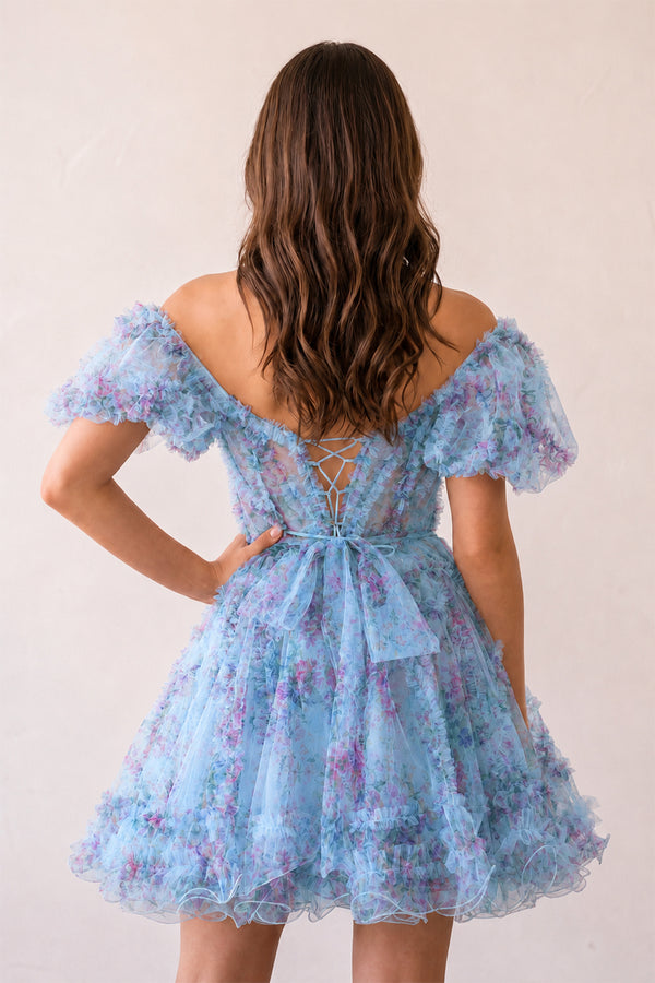 Ivana |A Line Off the Shoulder Floral Printed Homecoming Dress - KissProm