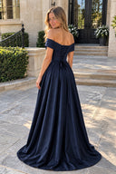 Blue A-Line Prom Dresses Celebrity Style Dress Christmas Sleeveless Off The Shoulder Satin with Slit | KISSPROM