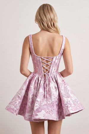 Pink A-Line Square Neck Jacquard Corset Homecoming Dress With Pearl (2) | KISSPROM