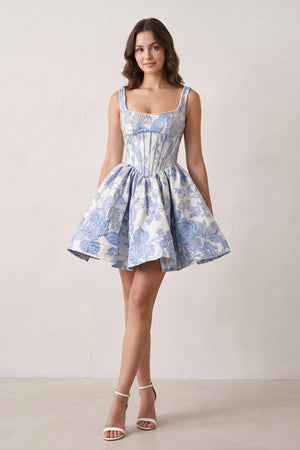 Blue A-Line Square Neck Jacquard Corset Homecoming Dress With Pearl (3) | KISSPROM