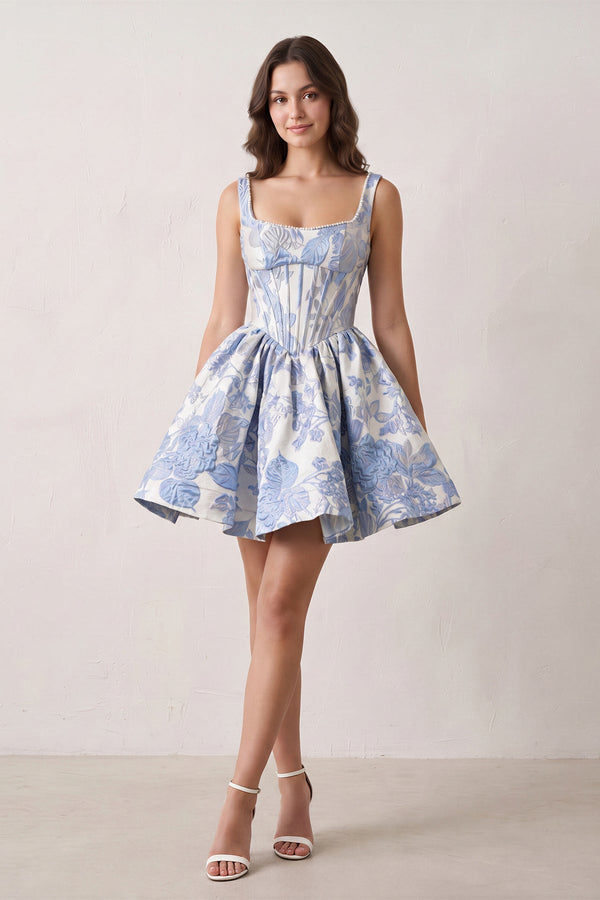 Blue A-Line Square Neck Jacquard Corset Homecoming Dress With Pearl (3) | KISSPROM
