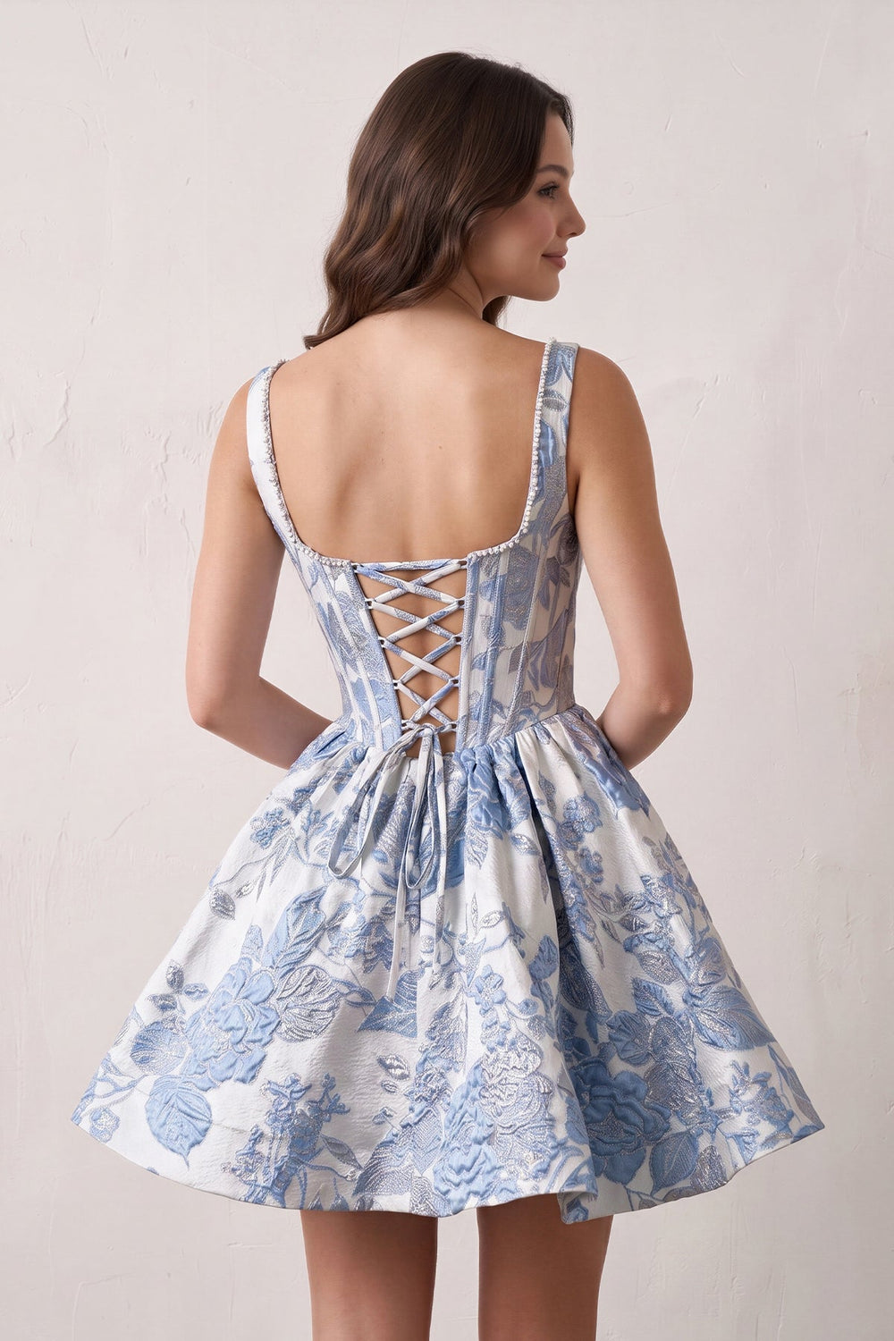 Blue A-Line Square Neck Jacquard Corset Homecoming Dress With Pearl | KISSPROM