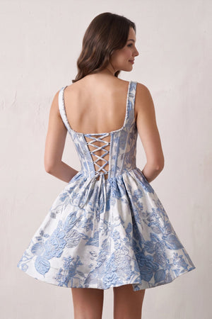 Blue A-Line Square Neck Jacquard Corset Homecoming Dress With Pearl (2) | KISSPROM