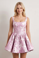Pink A-Line Square Neck Jacquard Corset Homecoming Dress With Pearl | KISSPROM
