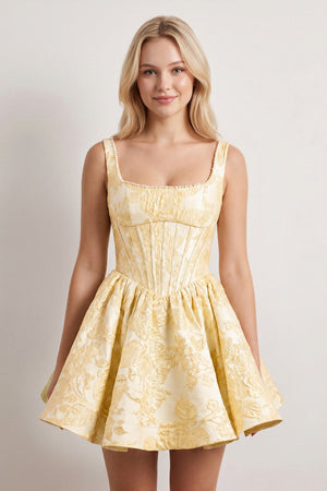 Yellow A-Line Square Neck Jacquard Corset Homecoming Dress With Pearl | KISSPROM