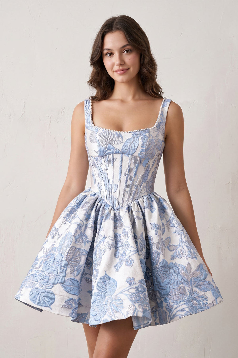 Blue A-Line Square Neck Jacquard Corset Homecoming Dress With Pearl | KISSPROM