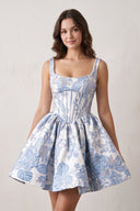 Blue A-Line Square Neck Jacquard Corset Homecoming Dress With Pearl | KISSPROM