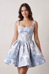 Blue A-Line Square Neck Jacquard Corset Homecoming Dress With Pearl | KISSPROM