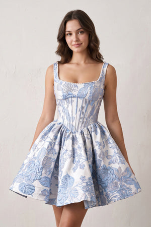 Blue A-Line Square Neck Jacquard Corset Homecoming Dress With Pearl | KISSPROM