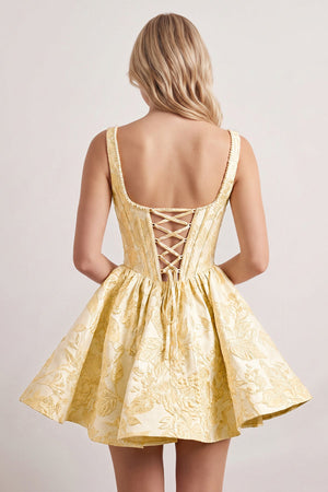 Yellow A-Line Square Neck Jacquard Corset Homecoming Dress With Pearl (2) | KISSPROM