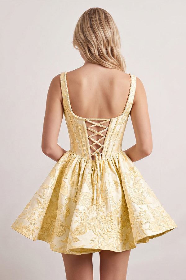Yellow A-Line Square Neck Jacquard Corset Homecoming Dress With Pearl (2) | KISSPROM