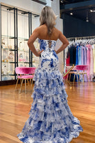 Marvely | Blue - Sheath Strapless Chiffon Ruffled Prom Dresses With Bow - KissProm