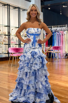 Marvely | Blue - Sheath Strapless Chiffon Ruffled Prom Dresses With Bow - KissProm