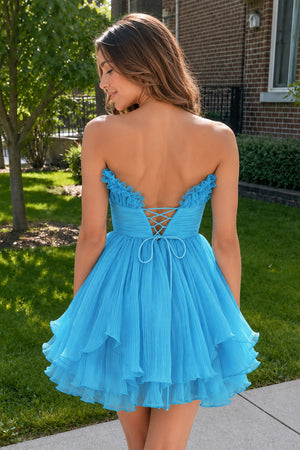 Blue A-Line Strapless Pleated Short Tiered Homecoming Dress - KissProm