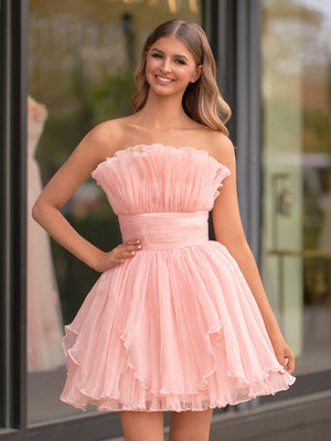 Blue A-Line Strapless Ruffled Short Homecoming Dress - KissProm