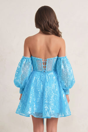 Blue A Line Sweetheart Corset Homecoming Dress with Sleeves (2) | KISSPROM