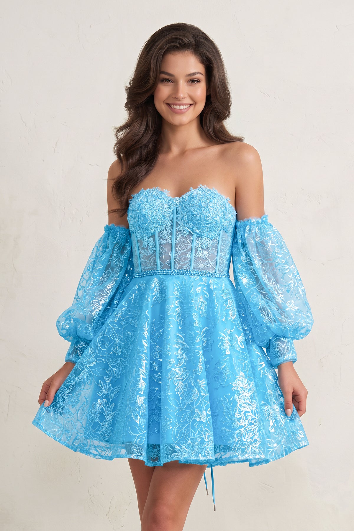 KissProm A Line Sweetheart Corset Homecoming Dress with Sleeves, Blue / 0