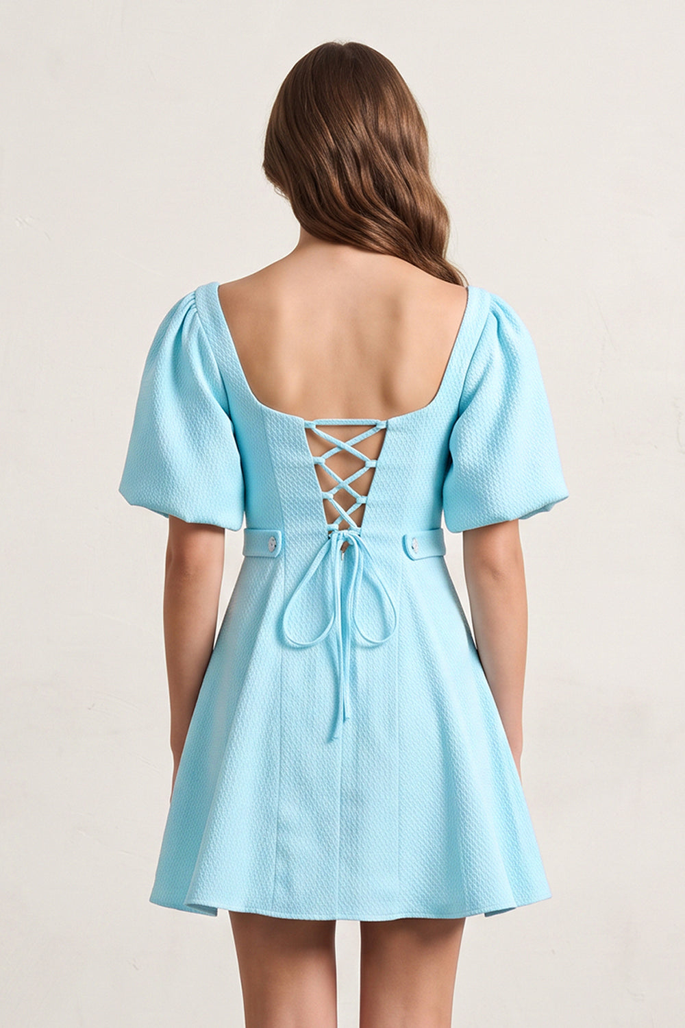 Blue A Line V Neck Textured Tweed Homecoming Dresses with Puffed Sleeves | KISSPROM