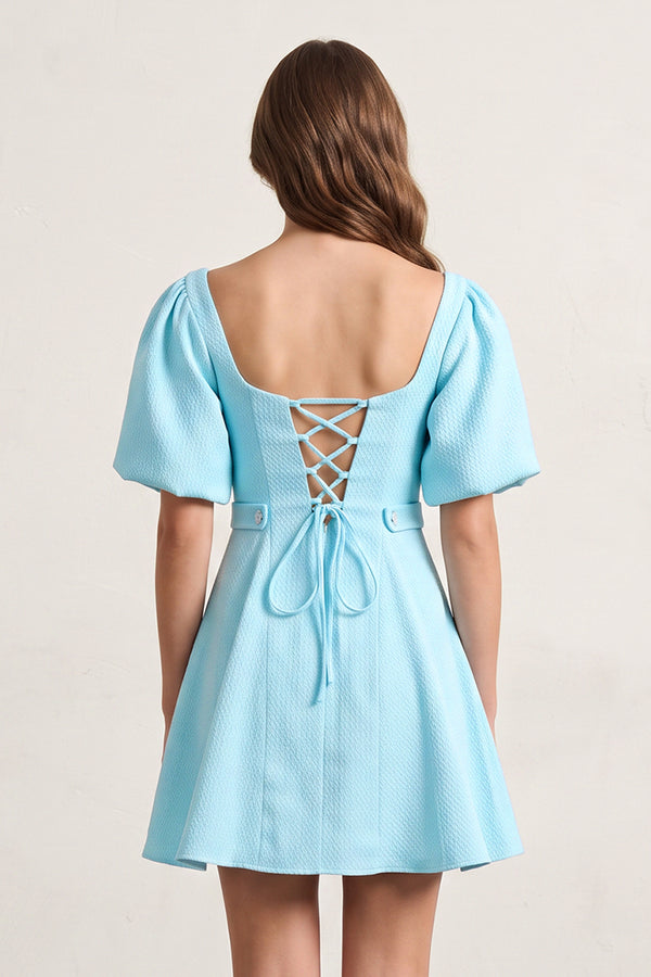 Blue A Line V Neck Textured Tweed Homecoming Dresses with Puffed Sleeves (2) | KISSPROM
