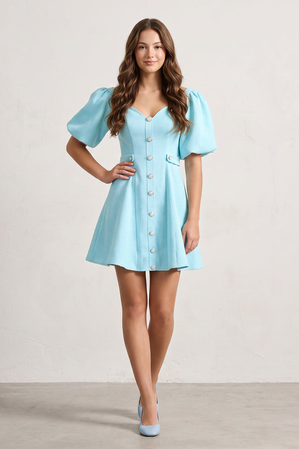 Blue A Line V Neck Textured Tweed Homecoming Dresses with Puffed Sleeves (3) | KISSPROM