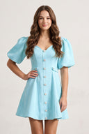 Blue A Line V Neck Textured Tweed Homecoming Dresses with Puffed Sleeves | KISSPROM