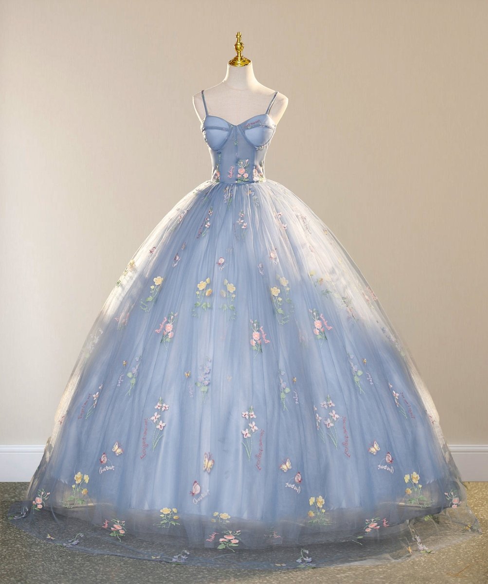 Blue Floral Short Sleeves Ball Gown Prom Dress
