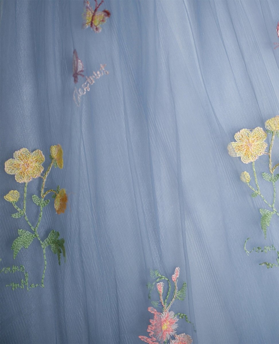 Blue Ball Gown with Scattered Little Flower Prom Dress