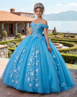 Big Bow Floral Flower Lace Applique Off Shoulder Ball Gown Quinceanera Dresses - KissProm