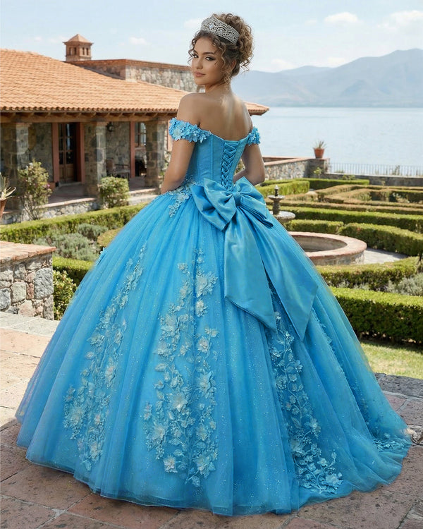 Big Bow Floral Flower Lace Applique Off Shoulder Ball Gown Quinceanera Dresses - KissProm