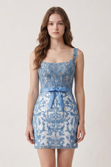 Blue Bodycon Off the Shoulder Beaded Appliques Homecoming Dresses with Bow | KISSPROM