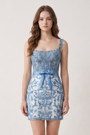 Blue Bodycon Off the Shoulder Beaded Appliques Homecoming Dresses with Bow | KISSPROM