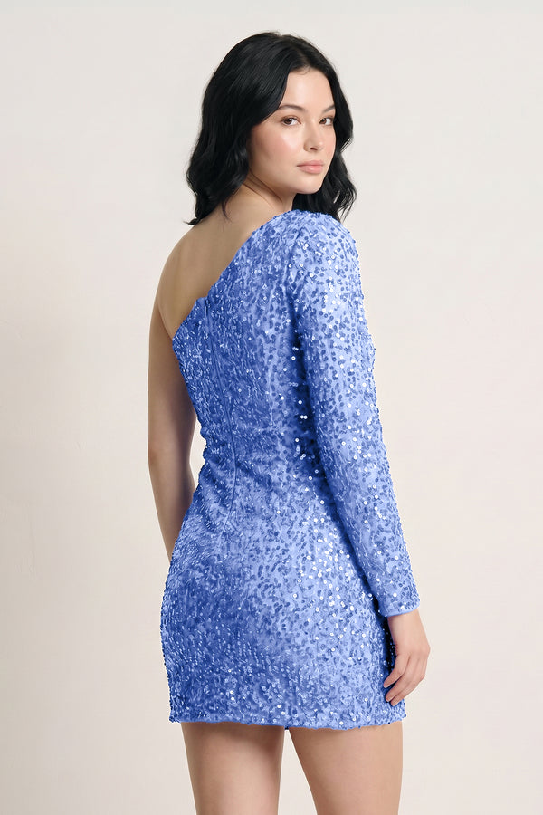 Blue Bodycon One-Shoulder Sequins Mini Party Dresses (2) | KISSPROM