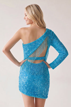 Blue Bodycon One Shoulder Tassel Back Mini Homecoming Dresses-KISSPROM