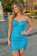 Blue Bodycon Strapless Blue Sequins Corset Mini Party Dresses - KissProm 