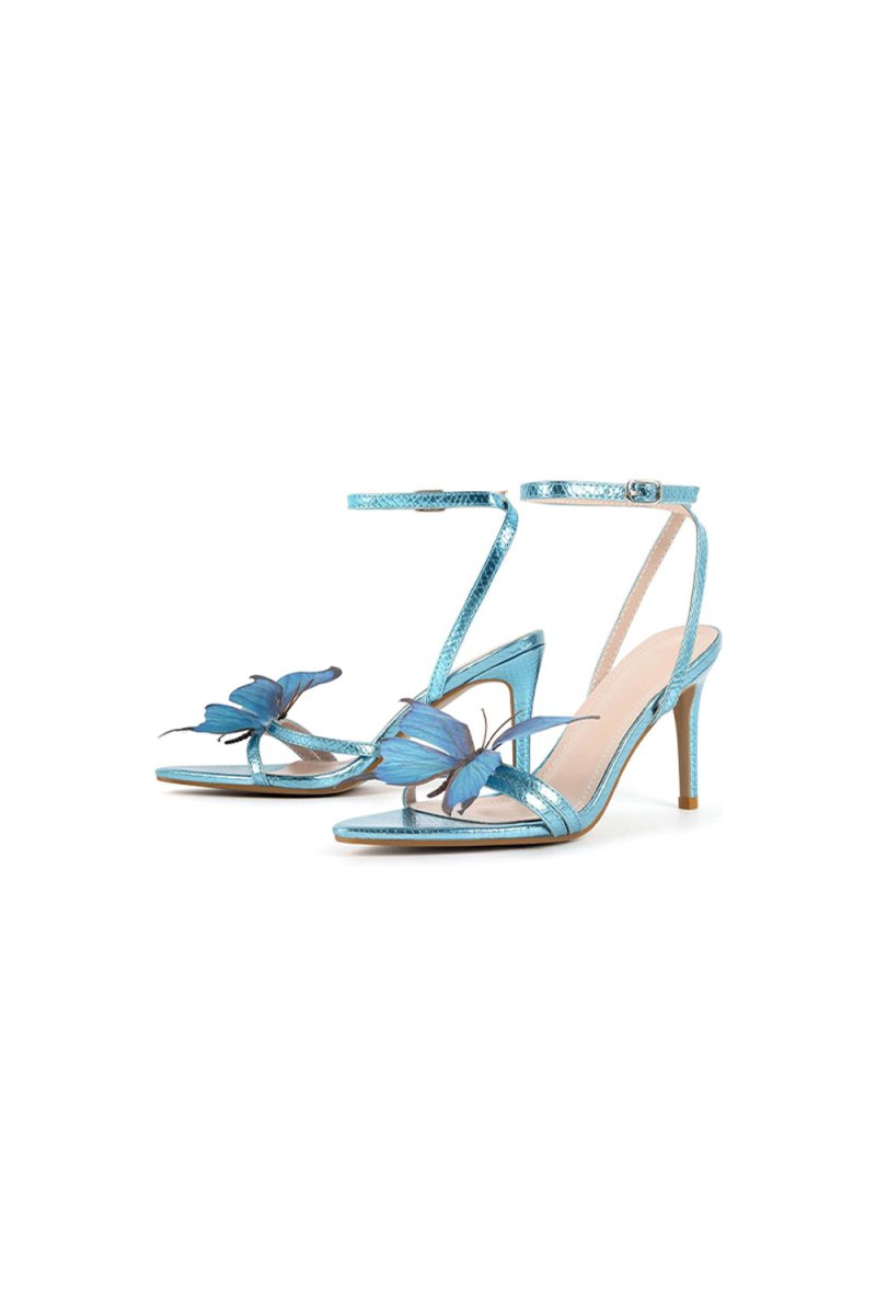 Blue Butterfly Ankle Buckle Open Toe Stiletto High Heels - KissProm