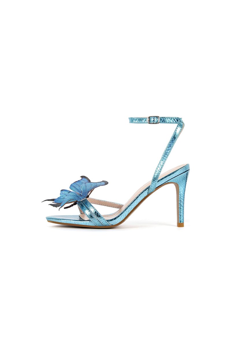 Blue Butterfly Ankle Buckle Open Toe Stiletto High Heels - KissProm