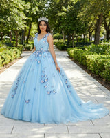 Quinceanera Dress Sky Blue Butterfly Flowers Lace Up Ball Gowns Long Prom Dresses - KissProm