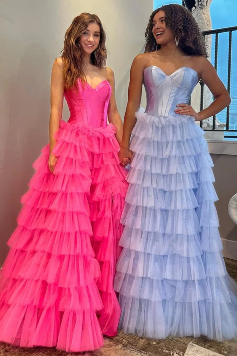 KissProm-Harmony Blue A-Line Sweetheart Tiered Tulle Prom Dress with Slit