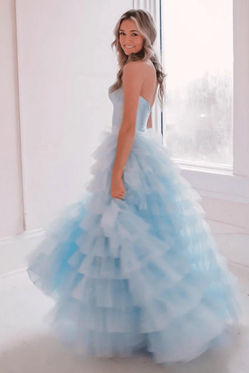 KissProm-Harmony Sky Blue A-Line Sweetheart Tiered Tulle Prom Dress With Slit