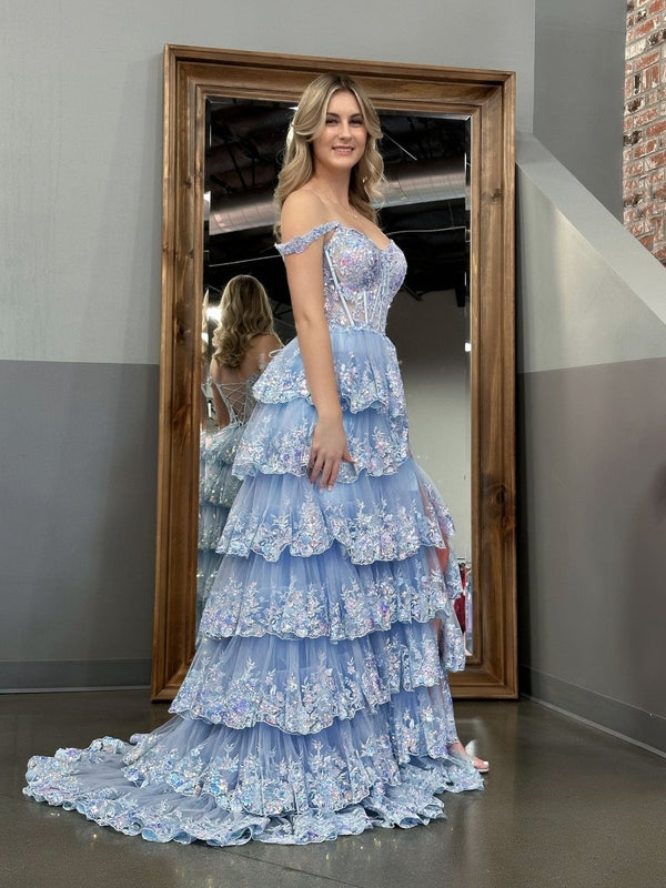 Capri | Blue Crystal Sequins Princess A Line Off the Shoulder Prom Dress with Lace Ruffles - KissProm