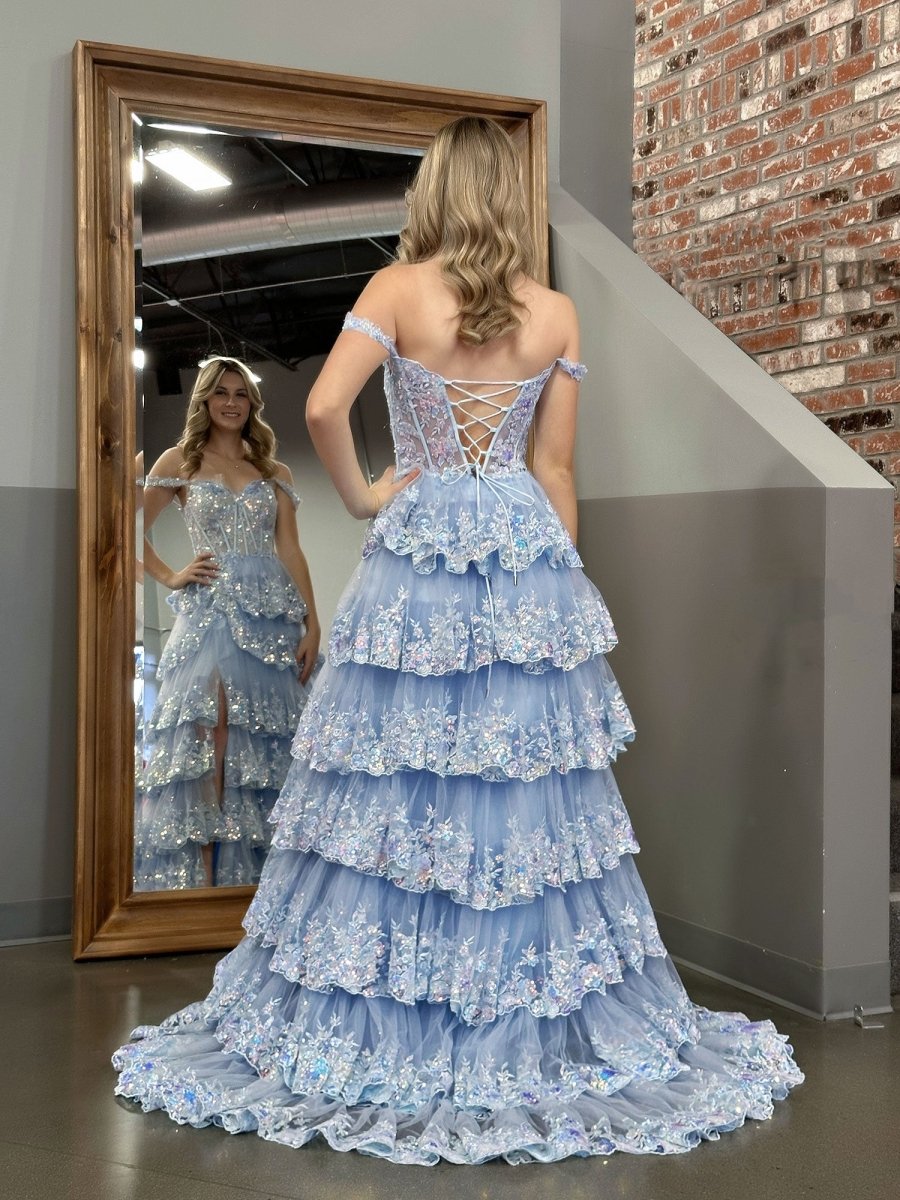 Blue Crystal Sequins Princess A Line Off the Shoulder Prom Dress with Lace Ruffles Blue / 20 Blue Crystal Sequins Princess A Line Off the Shoulder Prom Dress with Lace Ruffles Blue / 20